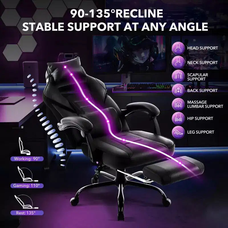 GustoWave Gaming Computer Chair with High Back, Pu Tall Gaming Chairs with Footrest, Reclining Gamer Chair