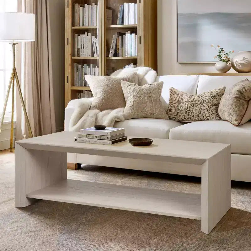 Rosary Blenn 47 Modern Coffee Table with Shelf Light Wood Center Table