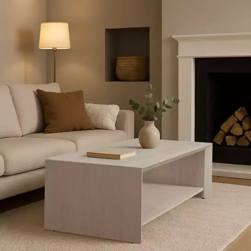 Rosary Blenn 47 Modern Coffee Table with Shelf Light Wood Center Table