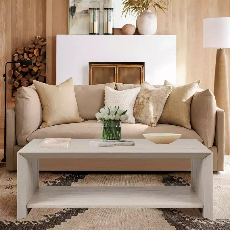 Rosary Blenn 47 Modern Coffee Table with Shelf Light Wood Center Table