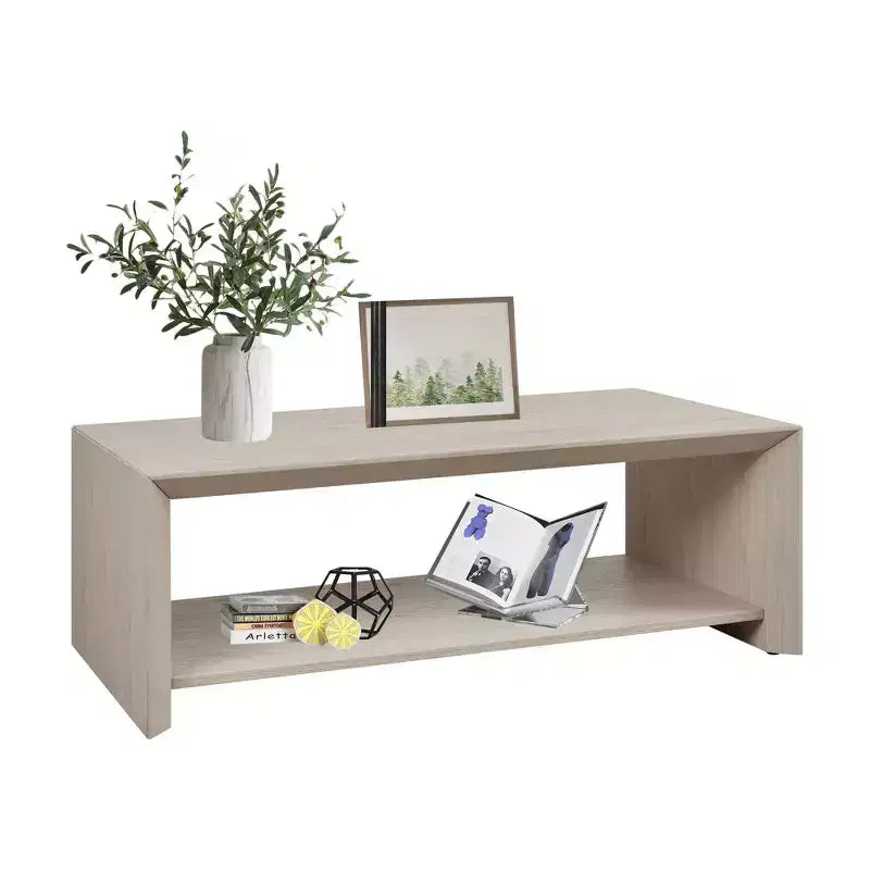 Rosary Blenn 47 Modern Coffee Table with Shelf Light Wood Center Table