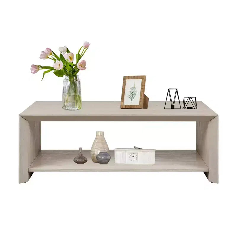 Rosary Blenn 47 Modern Coffee Table with Shelf Light Wood Center Table