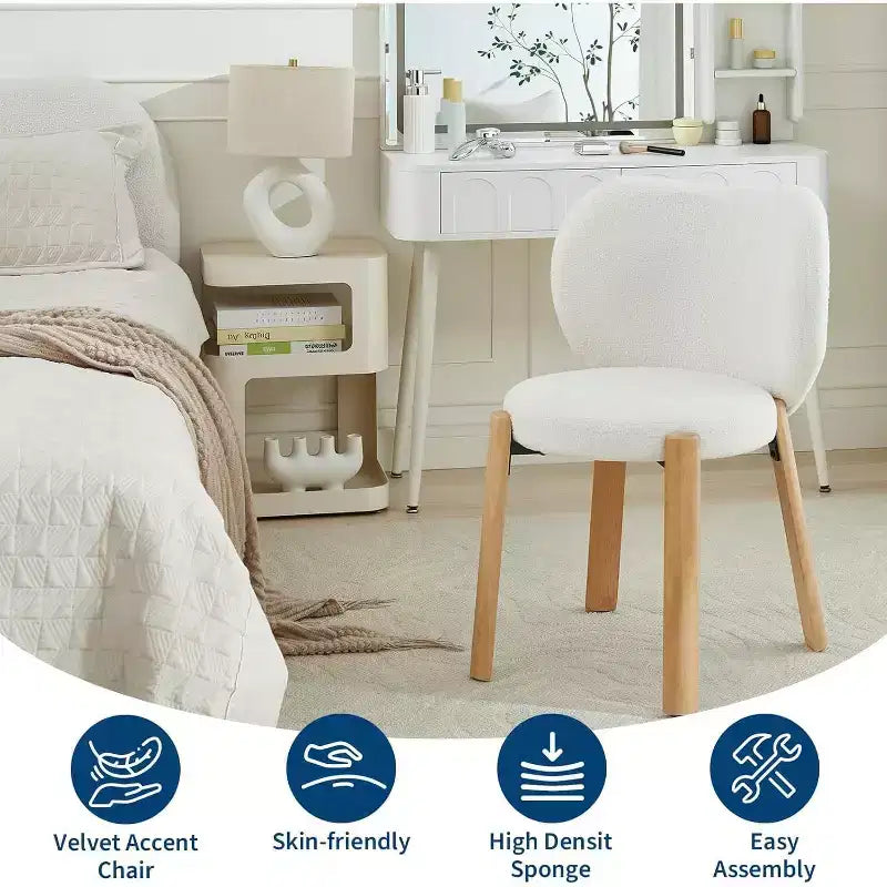 GustoWave Modern Vanity Stool with Heart-Shaped Backrest Plush Teddy Upholstered Makeup Chair for Bedroom, Living Room, Home Office