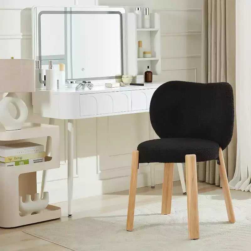 GustoWave Modern Vanity Stool with Heart-Shaped Backrest Plush Teddy Upholstered Makeup Chair for Bedroom, Living Room, Home Office