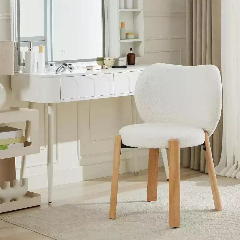 GustoWave Modern Vanity Stool with Heart-Shaped Backrest Plush Teddy Upholstered Makeup Chair for Bedroom, Living Room, Home Office