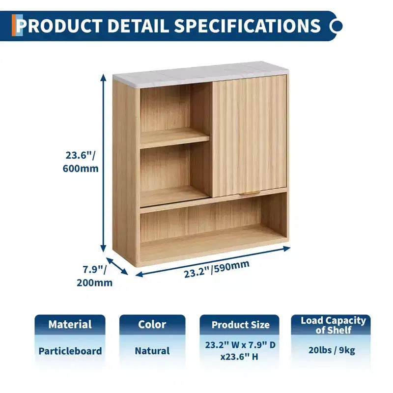 GustoWave Fluted Bathroom Wall Cabinet, Medicine Cabinet with Faux Marble Top, Adjustable Shelf and Open Storage Space, Wall Mounted Storage Organizer