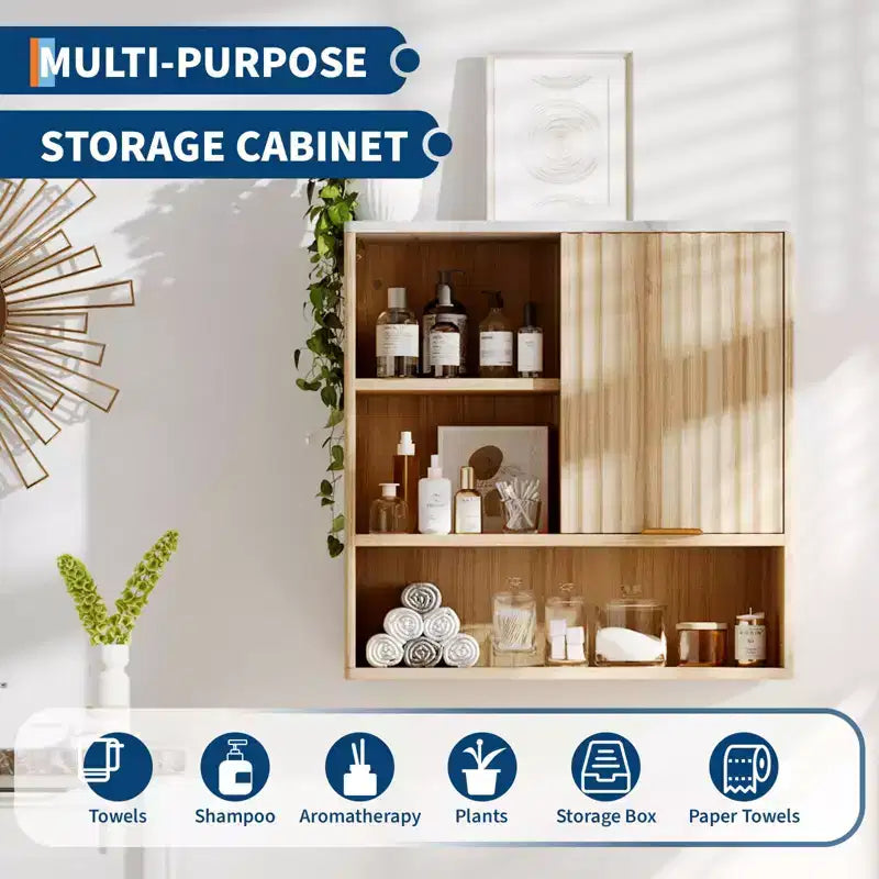 GustoWave Fluted Bathroom Wall Cabinet, Medicine Cabinet with Faux Marble Top, Adjustable Shelf and Open Storage Space, Wall Mounted Storage Organizer