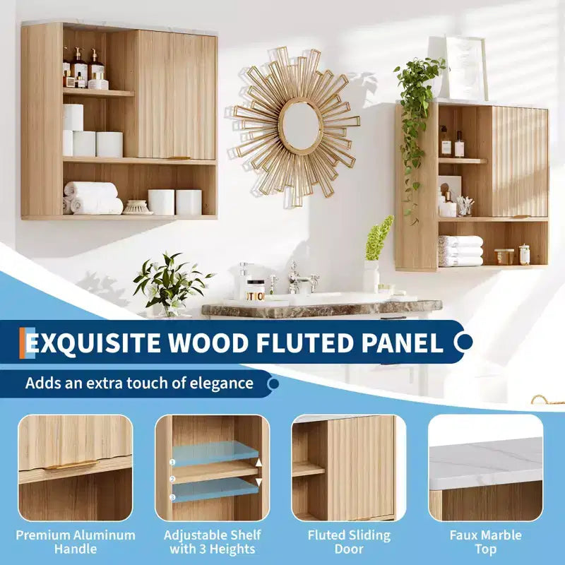 GustoWave Fluted Bathroom Wall Cabinet, Medicine Cabinet with Faux Marble Top, Adjustable Shelf and Open Storage Space, Wall Mounted Storage Organizer