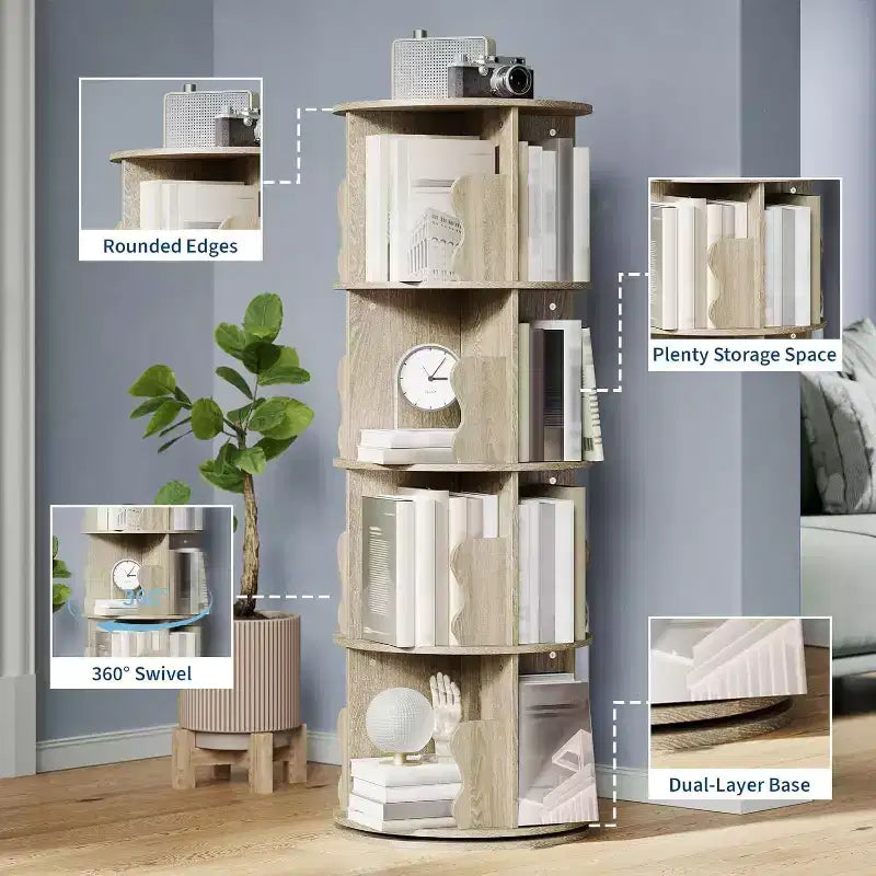 Acekool 4 Tier 360 Rotating Bookshelf Tower, White Spinning Bookcase Organizer for Kids Bedroom Playroom Study, 18 x 18 x 51 Inch