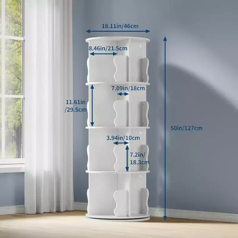 Acekool 4 Tier 360 Rotating Bookshelf Tower, White Spinning Bookcase Organizer for Kids Bedroom Playroom Study, 18 x 18 x 51 Inch