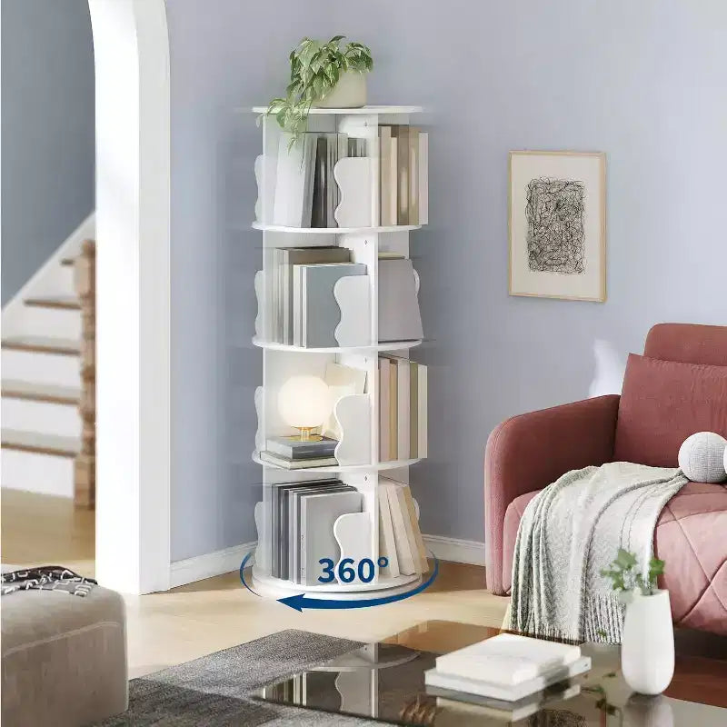 Acekool 4 Tier 360 Rotating Bookshelf Tower, White Spinning Bookcase Organizer for Kids Bedroom Playroom Study, 18 x 18 x 51 Inch