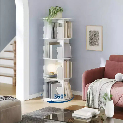 Acekool 4 Tier 360 Rotating Bookshelf Tower, White Spinning Bookcase Organizer for Kids Bedroom Playroom Study, 18 x 18 x 51 Inch