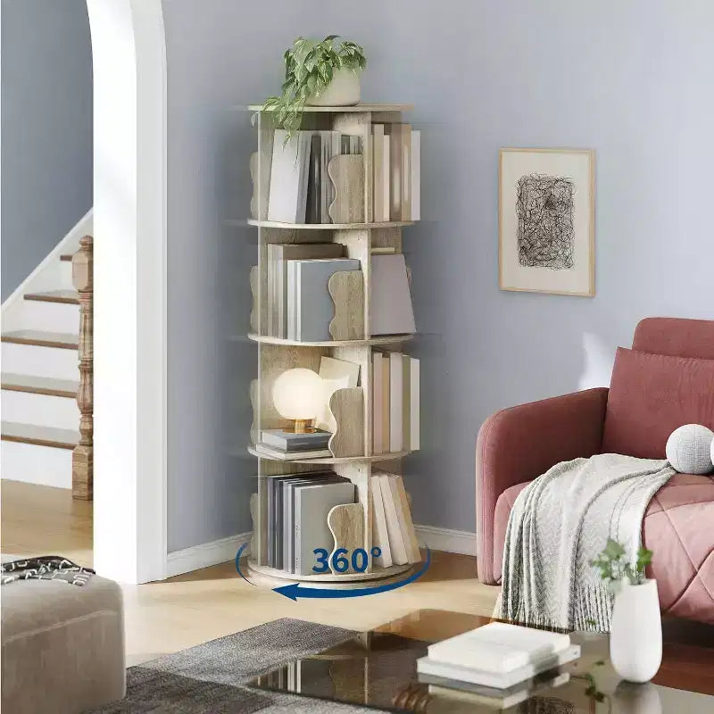 Acekool 4 Tier 360 Rotating Bookshelf Tower, White Spinning Bookcase Organizer for Kids Bedroom Playroom Study, 18 x 18 x 51 Inch