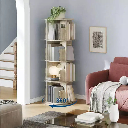 Acekool 4 Tier 360 Rotating Bookshelf Tower, White Spinning Bookcase Organizer for Kids Bedroom Playroom Study, 18 x 18 x 51 Inch