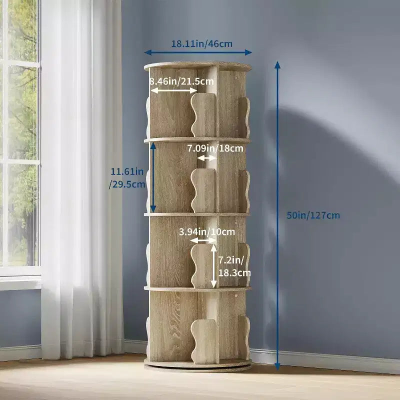 Acekool 4 Tier 360 Rotating Bookshelf Tower, White Spinning Bookcase Organizer for Kids Bedroom Playroom Study, 18 x 18 x 51 Inch