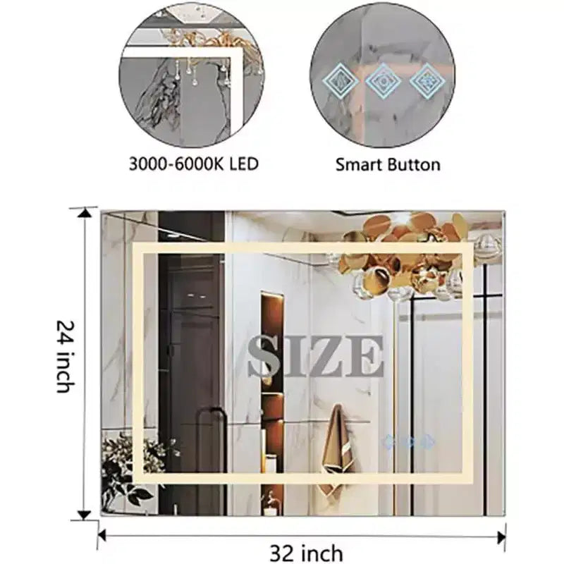 Acekool Bathroom Wall Mirror with Adjustable Brightness, Anti-Fog, Touch Control, Memory Function, Modern Vanity Mirror 32x24in