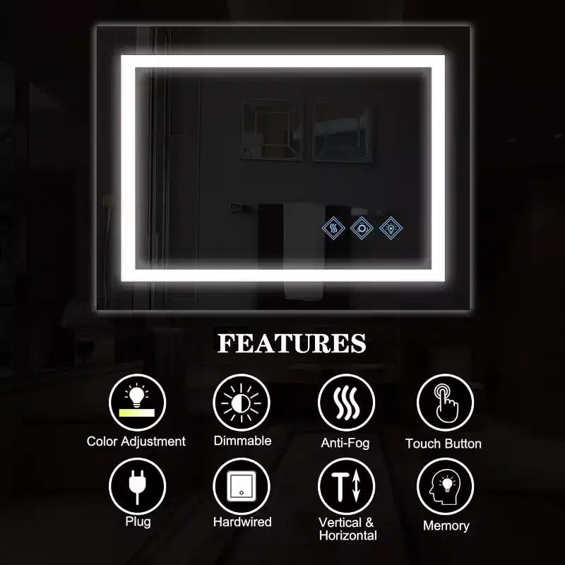 Acekool Bathroom Wall Mirror with Adjustable Brightness, Anti-Fog, Touch Control, Memory Function, Modern Vanity Mirror 32x24in