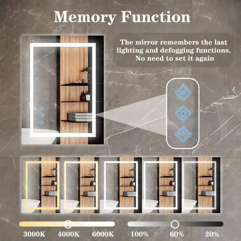 Acekool Bathroom Wall Mirror with Adjustable Brightness, Anti-Fog, Touch Control, Memory Function, Modern Vanity Mirror 32x24in