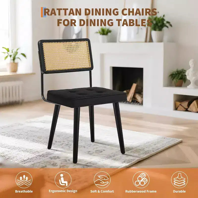 Acekool Rattan Dining Chairs Set of 2, PU Upholstered Kitchen Chairs with Tall Cane Backrest & Strong Wood Legs for Dining Room