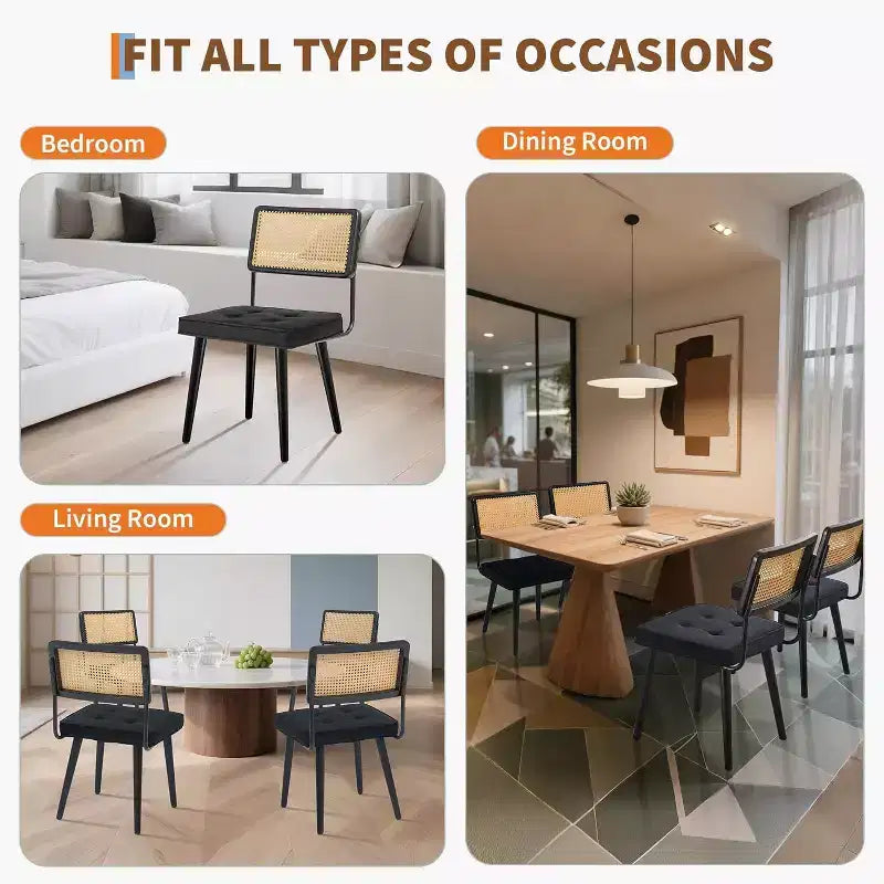 Acekool Rattan Dining Chairs Set of 2, PU Upholstered Kitchen Chairs with Tall Cane Backrest & Strong Wood Legs for Dining Room