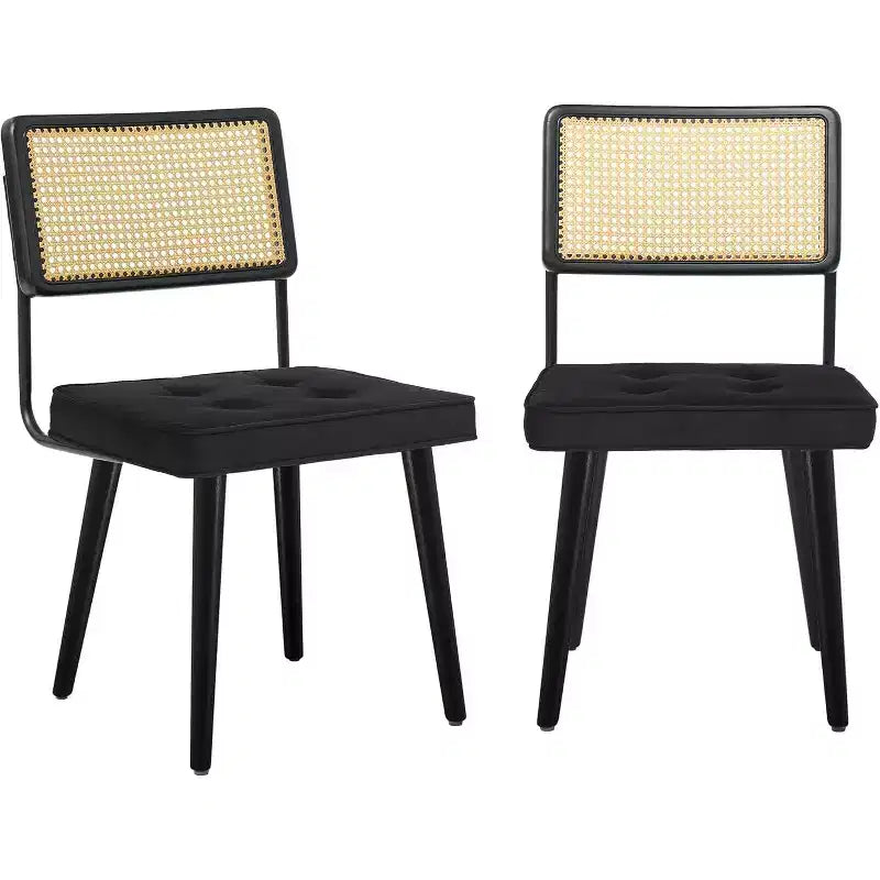 Acekool Rattan Dining Chairs Set of 2, PU Upholstered Kitchen Chairs with Tall Cane Backrest & Strong Wood Legs for Dining Room