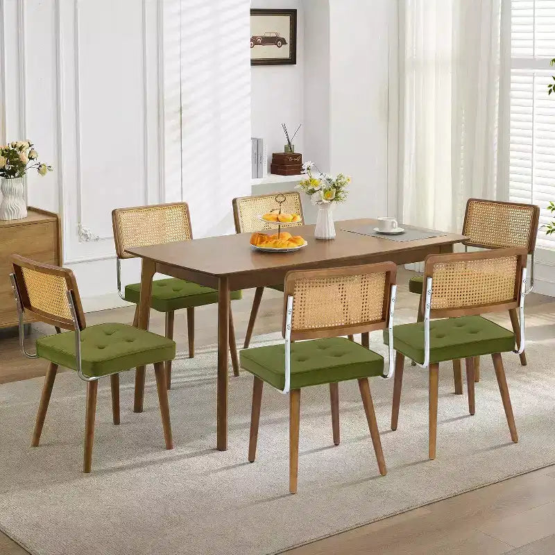 Acekool Rattan Dining Chairs Set of 2, PU Upholstered Kitchen Chairs with Tall Cane Backrest & Strong Wood Legs for Dining Room