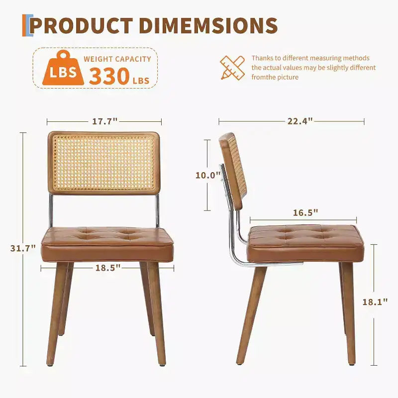 Acekool Rattan Dining Chairs Set of 2, PU Upholstered Kitchen Chairs with Tall Cane Backrest & Strong Wood Legs for Dining Room