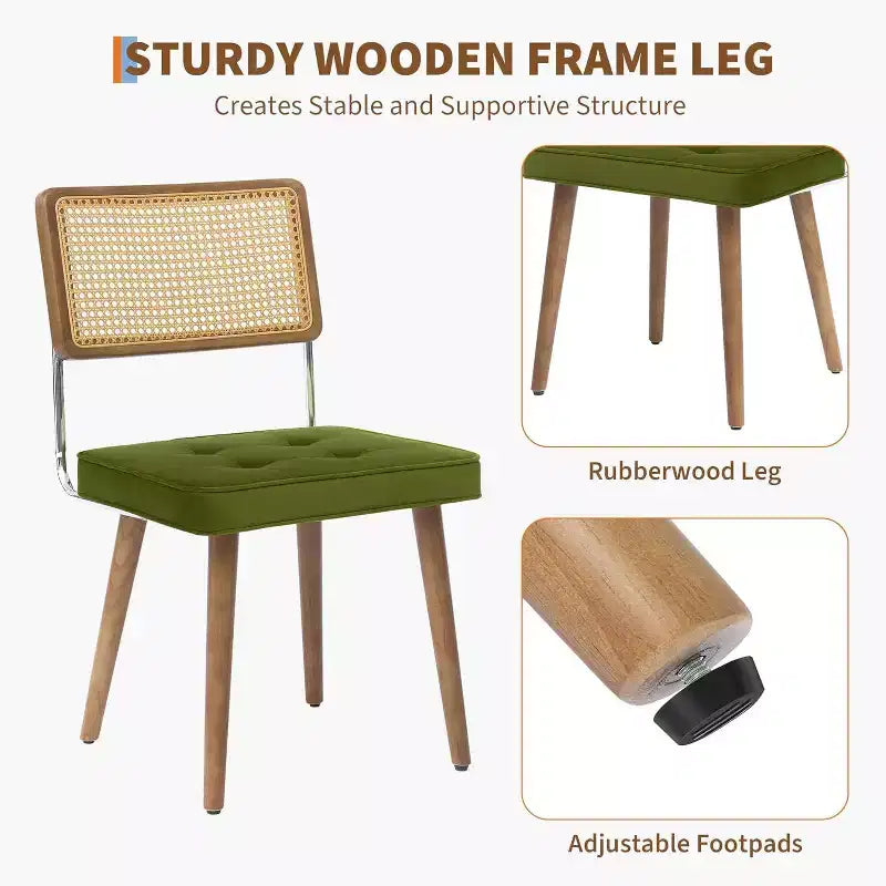 Acekool Rattan Dining Chairs Set of 2, PU Upholstered Kitchen Chairs with Tall Cane Backrest & Strong Wood Legs for Dining Room