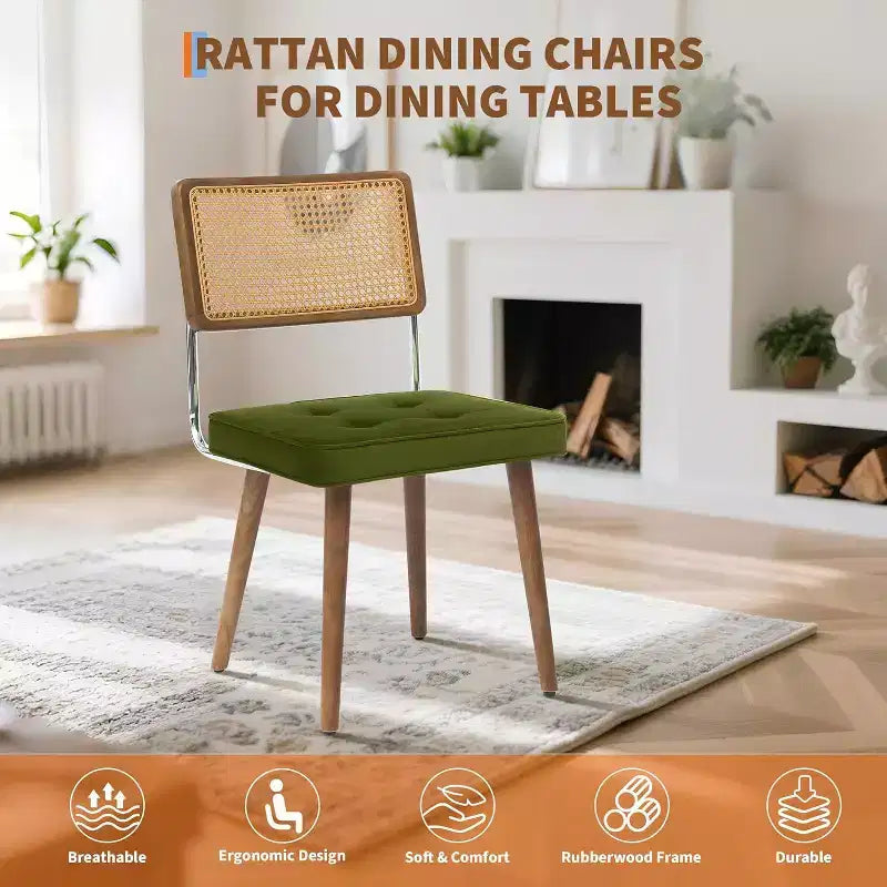 Acekool Rattan Dining Chairs Set of 2, PU Upholstered Kitchen Chairs with Tall Cane Backrest & Strong Wood Legs for Dining Room