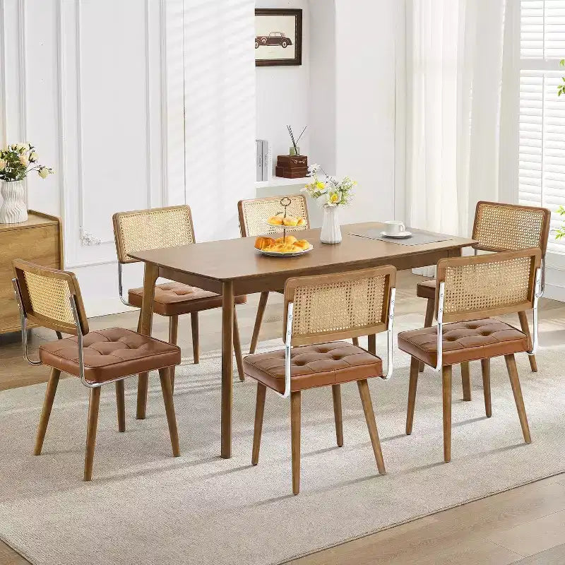 Acekool Rattan Dining Chairs Set of 2, PU Upholstered Kitchen Chairs with Tall Cane Backrest & Strong Wood Legs for Dining Room