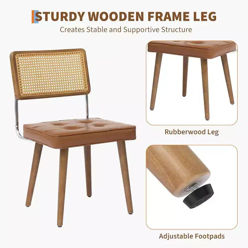 Acekool Rattan Dining Chairs Set of 2, PU Upholstered Kitchen Chairs with Tall Cane Backrest & Strong Wood Legs for Dining Room