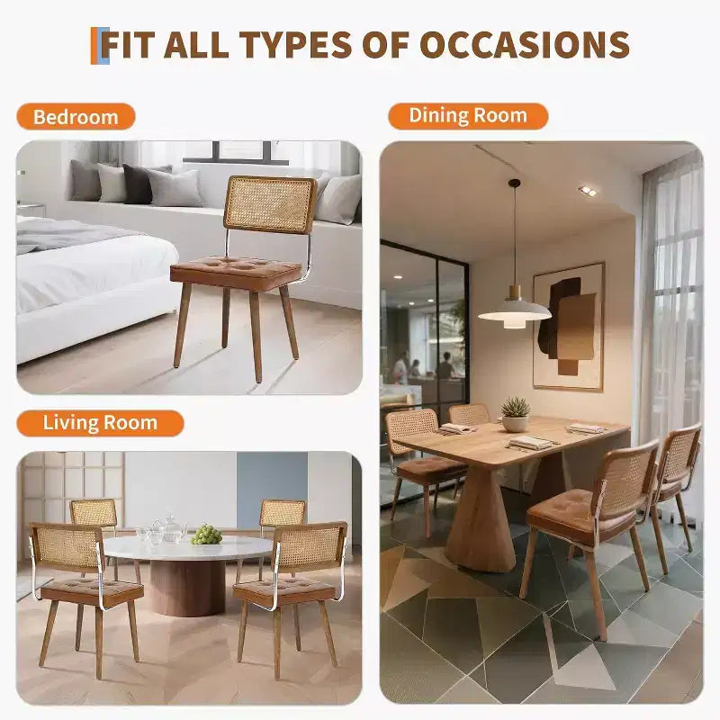 Acekool Rattan Dining Chairs Set of 2, PU Upholstered Kitchen Chairs with Tall Cane Backrest & Strong Wood Legs for Dining Room