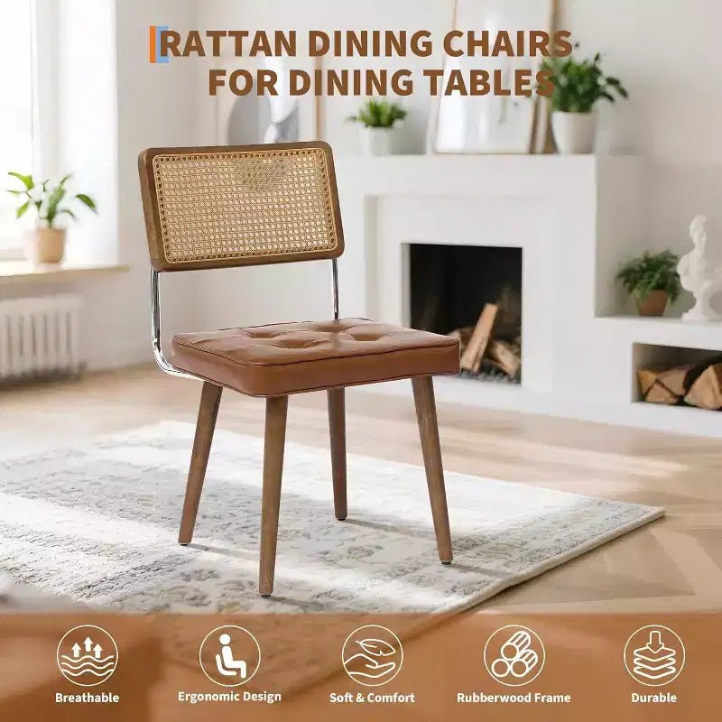 Acekool Rattan Dining Chairs Set of 2, PU Upholstered Kitchen Chairs with Tall Cane Backrest & Strong Wood Legs for Dining Room