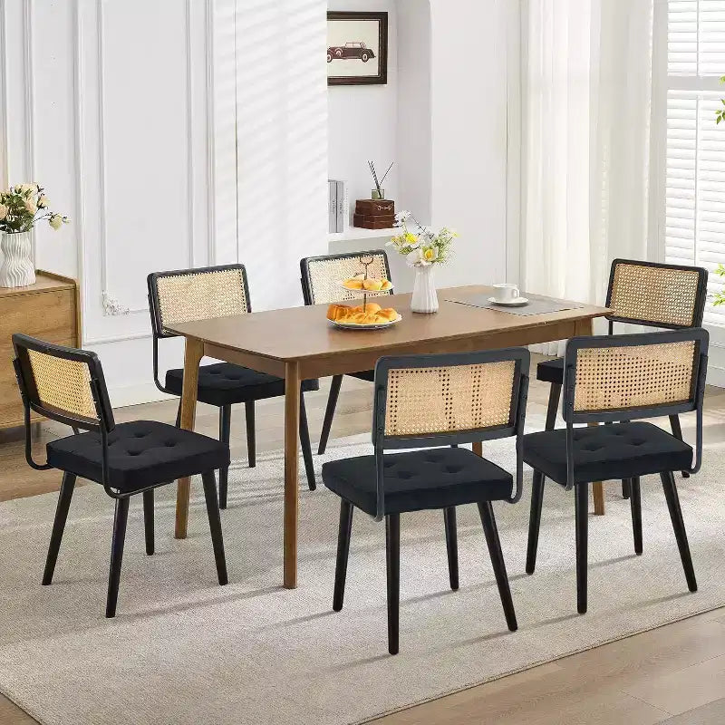 Acekool Rattan Dining Chairs Set of 2, PU Upholstered Kitchen Chairs with Tall Cane Backrest & Strong Wood Legs for Dining Room