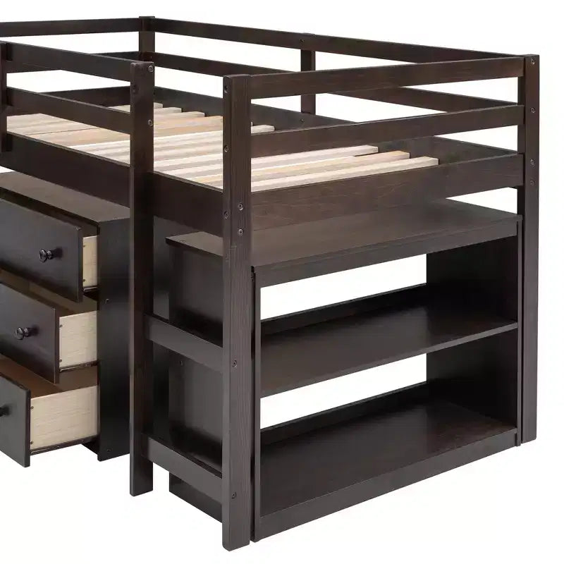 Low Twin Size Loft Bed with Cabinet for Kids, Wood Loft Bed Frame with Rolling Portable Desk