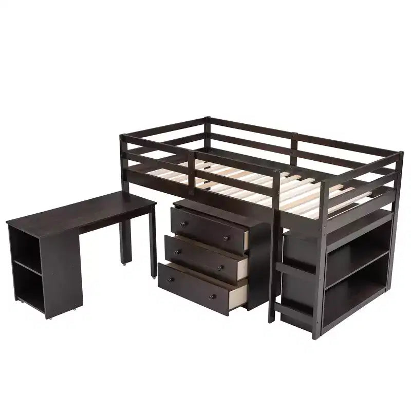 Low Twin Size Loft Bed with Cabinet for Kids, Wood Loft Bed Frame with Rolling Portable Desk