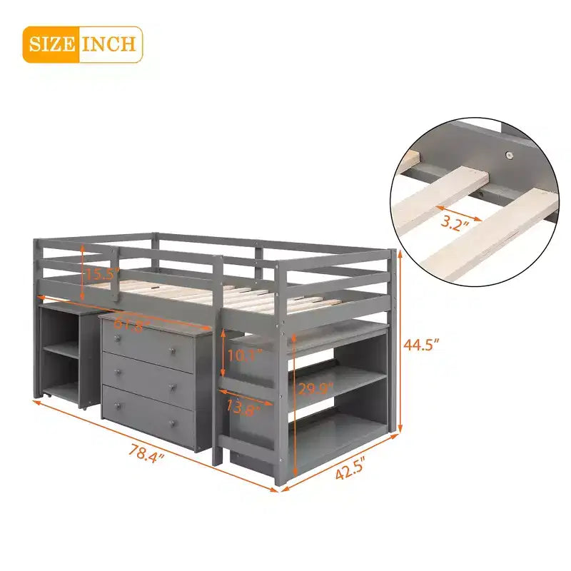 Low Twin Size Loft Bed with Cabinet for Kids, Wood Loft Bed Frame with Rolling Portable Desk