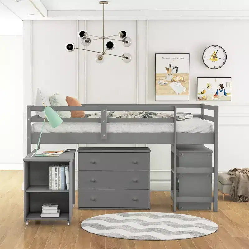 Low Twin Size Loft Bed with Cabinet for Kids, Wood Loft Bed Frame with Rolling Portable Desk