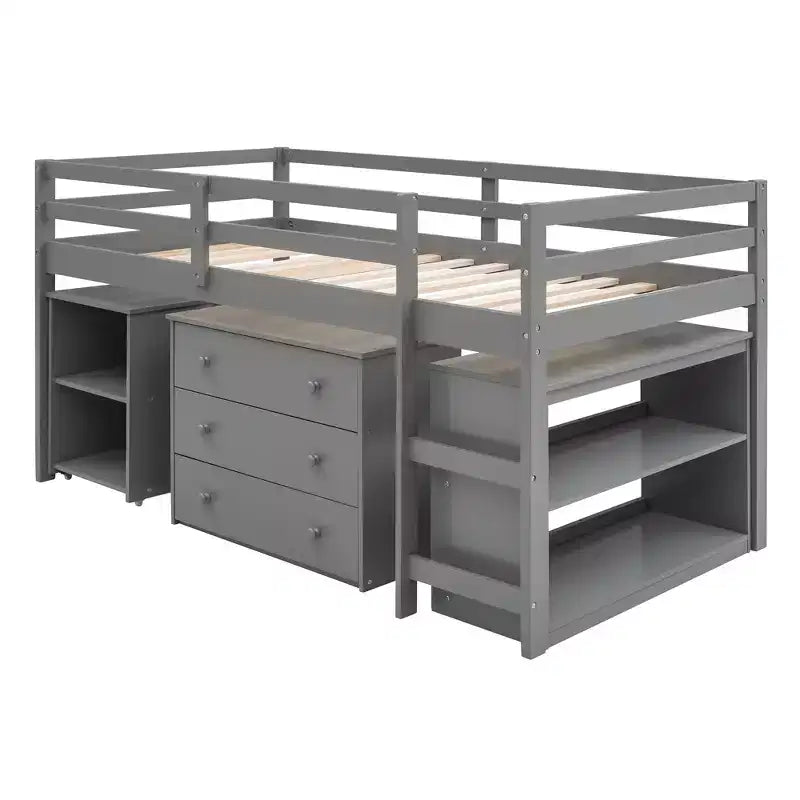 Low Twin Size Loft Bed with Cabinet for Kids, Wood Loft Bed Frame with Rolling Portable Desk