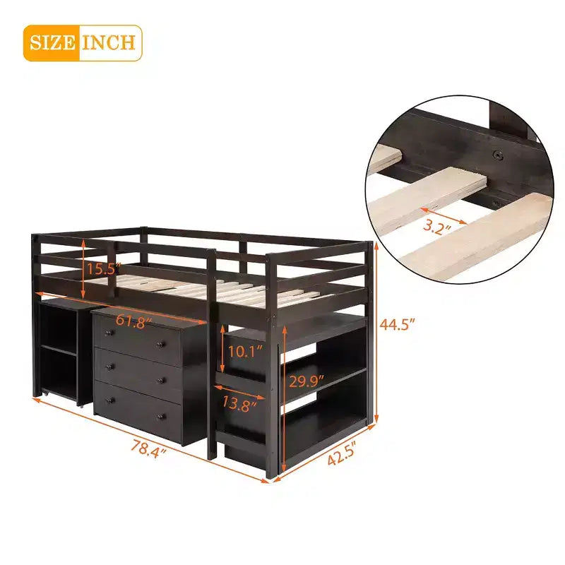 Low Twin Size Loft Bed with Cabinet for Kids, Wood Loft Bed Frame with Rolling Portable Desk