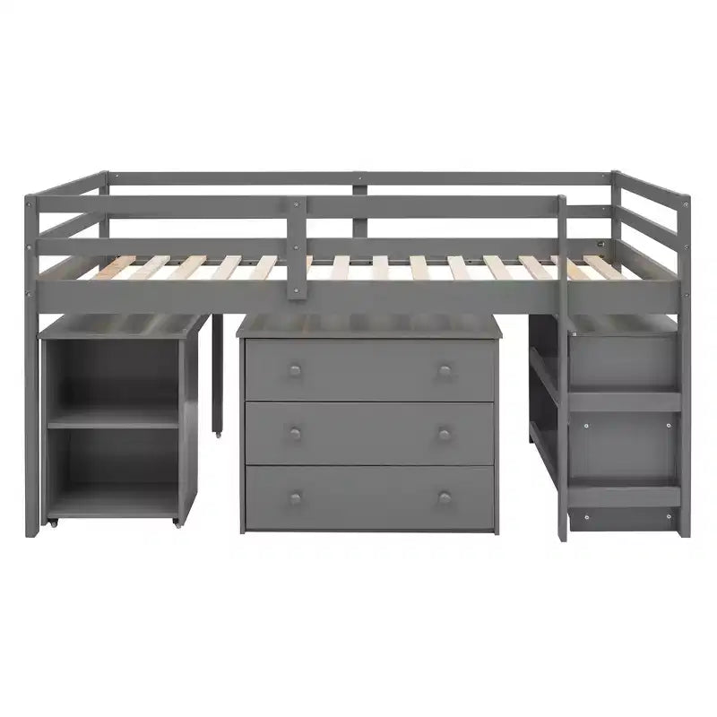 Low Twin Size Loft Bed with Cabinet for Kids, Wood Loft Bed Frame with Rolling Portable Desk