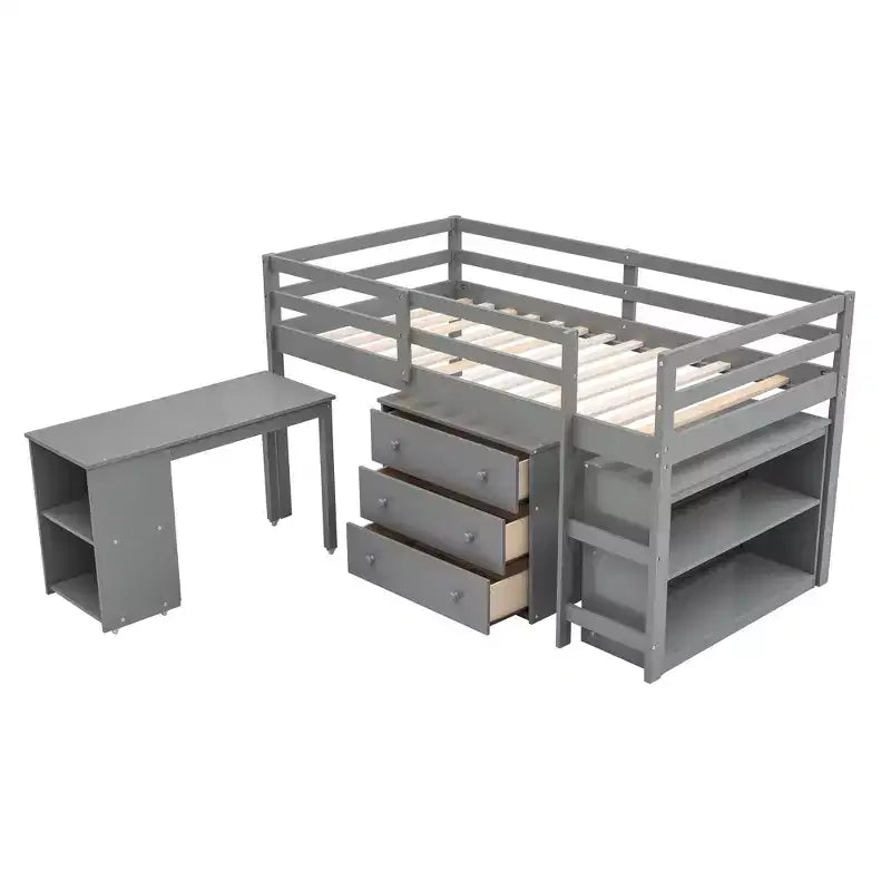 Low Twin Size Loft Bed with Cabinet for Kids, Wood Loft Bed Frame with Rolling Portable Desk