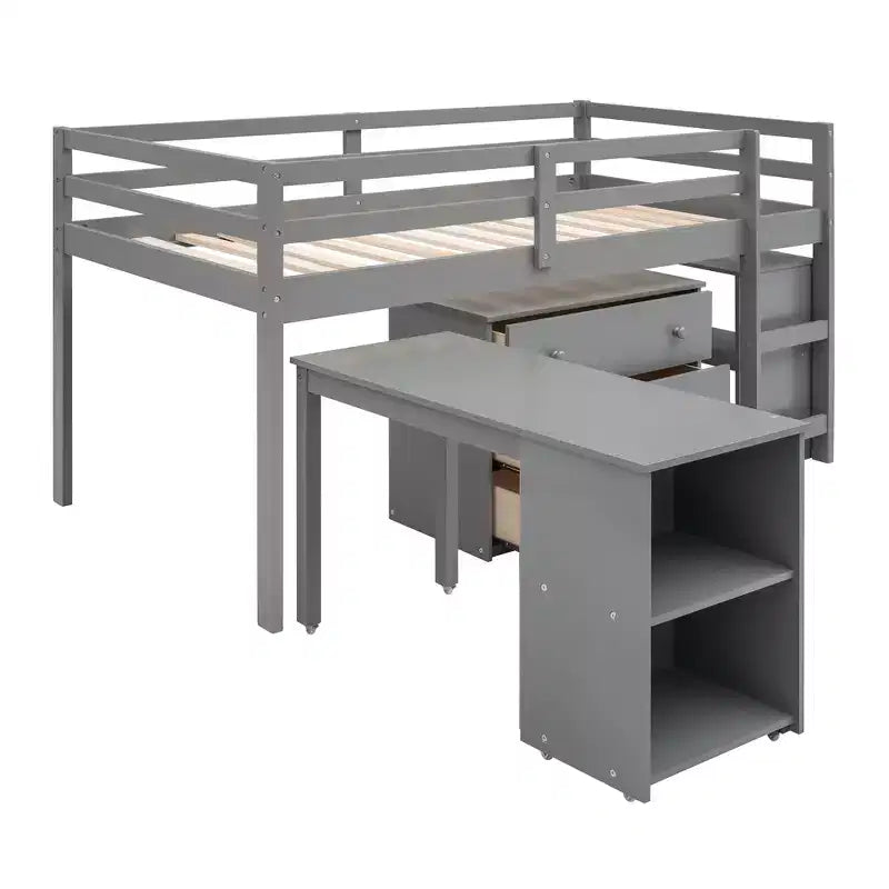 Low Twin Size Loft Bed with Cabinet for Kids, Wood Loft Bed Frame with Rolling Portable Desk