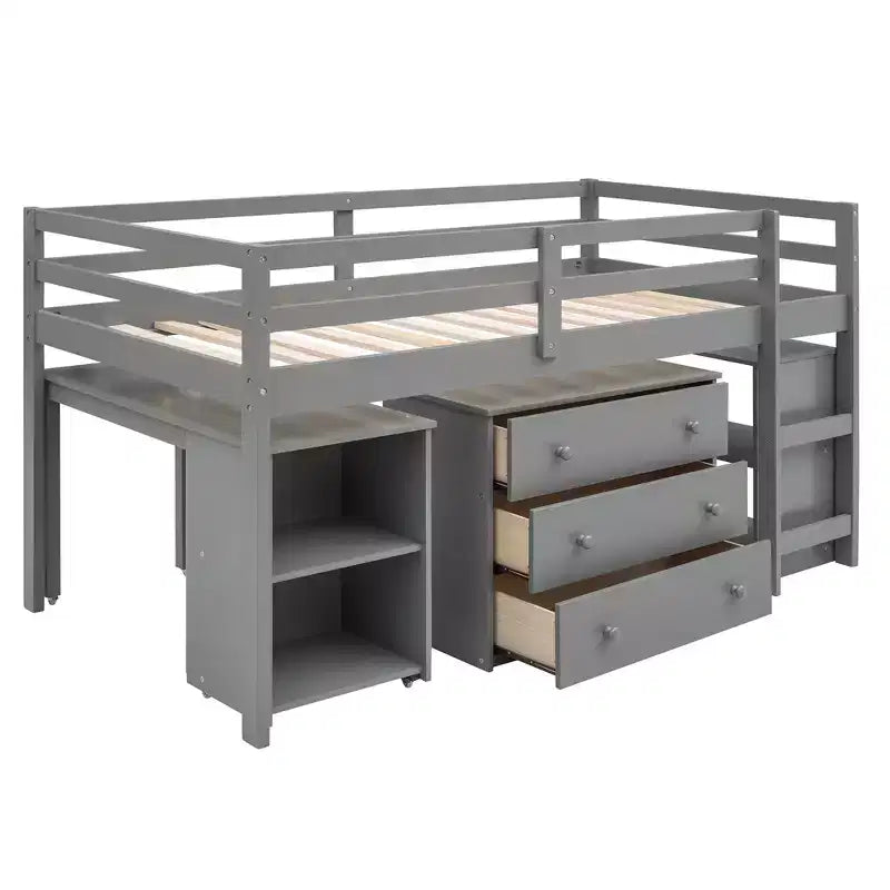 Low Twin Size Loft Bed with Cabinet for Kids, Wood Loft Bed Frame with Rolling Portable Desk