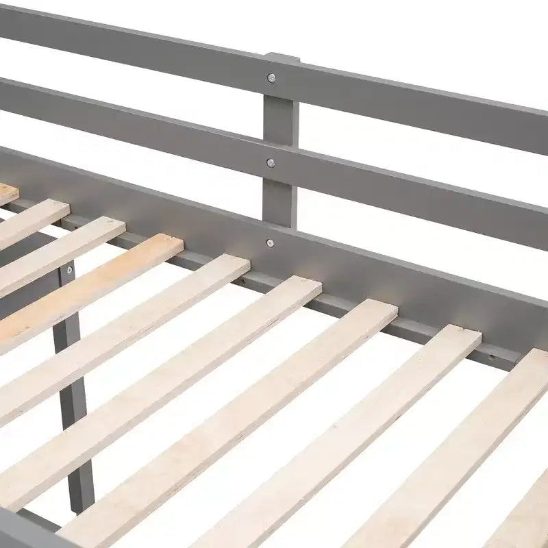 Low Twin Size Loft Bed with Cabinet for Kids, Wood Loft Bed Frame with Rolling Portable Desk
