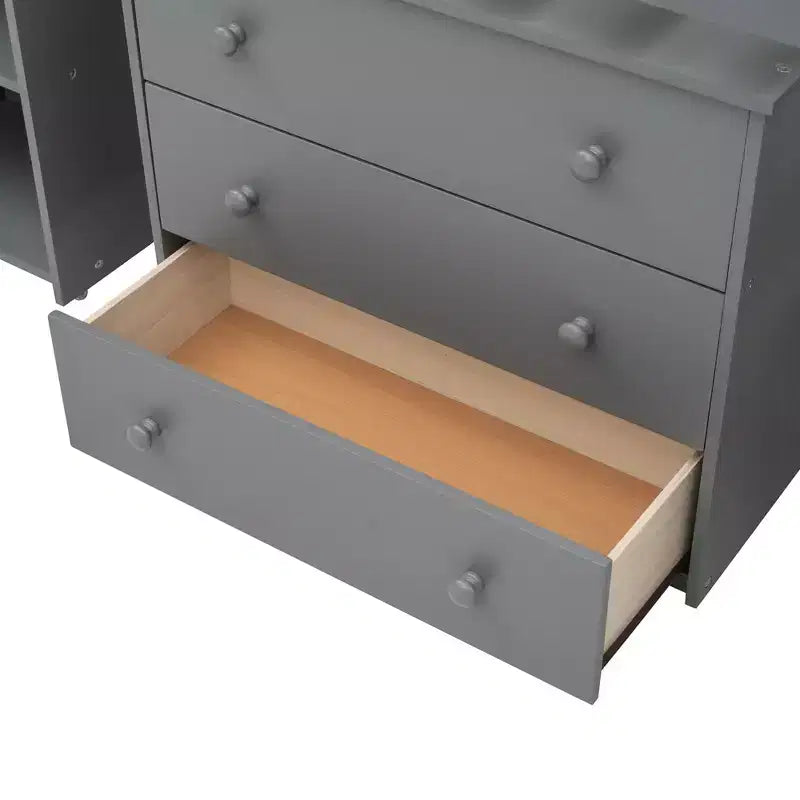 Low Twin Size Loft Bed with Cabinet for Kids, Wood Loft Bed Frame with Rolling Portable Desk