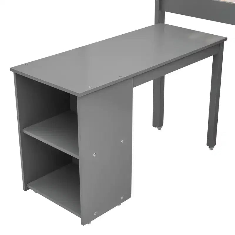 Low Twin Size Loft Bed with Cabinet for Kids, Wood Loft Bed Frame with Rolling Portable Desk