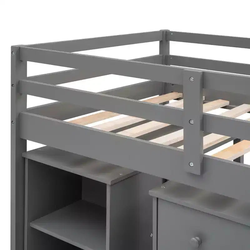 Low Twin Size Loft Bed with Cabinet for Kids, Wood Loft Bed Frame with Rolling Portable Desk