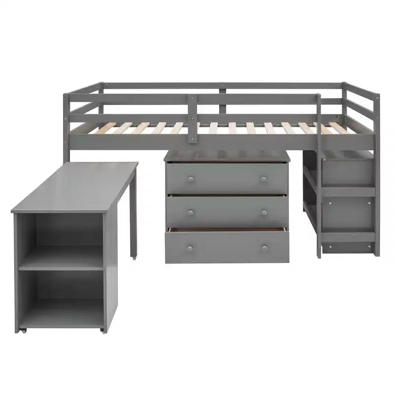 Low Twin Size Loft Bed with Cabinet for Kids, Wood Loft Bed Frame with Rolling Portable Desk