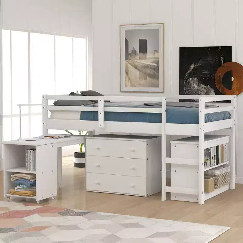 Low Twin Size Loft Bed with Cabinet for Kids, Wood Loft Bed Frame with Rolling Portable Desk